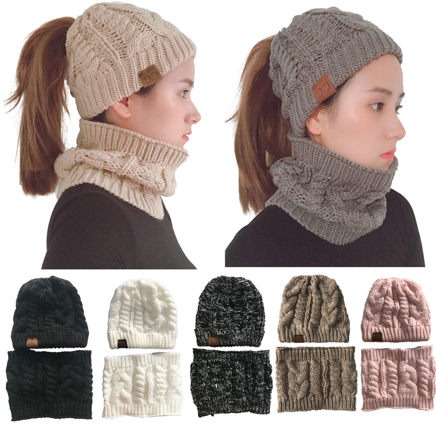 Autumn/Winter Knitted Ponytail Hat & Scarf Set For Women